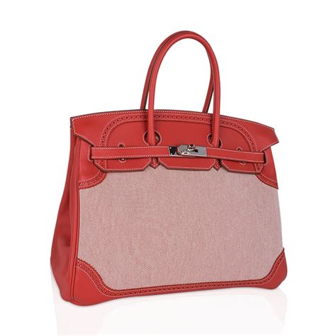 Hermes Limited Edition Birkin 35 Ghillies Bag Sanguine Toile and 